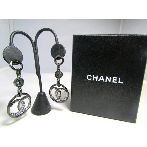Chanel C19 Crystal CC Logo Black Metal Dangle Drop Earrings - Picture 4 of 4